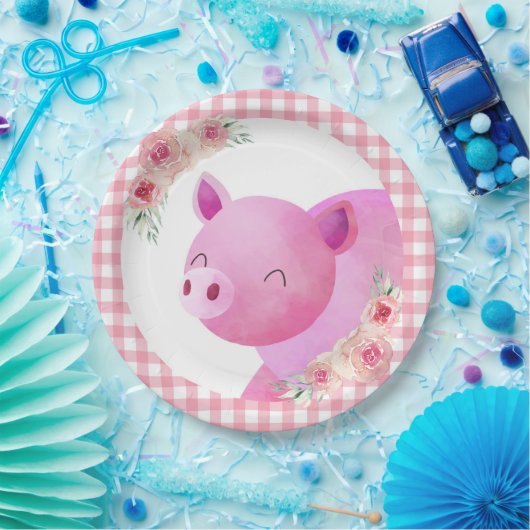 ピンクジンガムフローラピグファームアニマル納屋周囲の庭 ペーパープレート (パーティー)