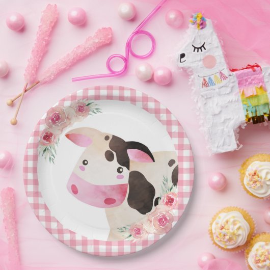 ピンクジンガムフローラ牛ファーム動物 ペーパープレート (パーティー)