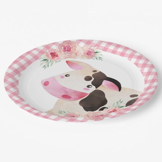 ピンクジンガムフローラ牛ファーム動物 ペーパープレート (アングル)