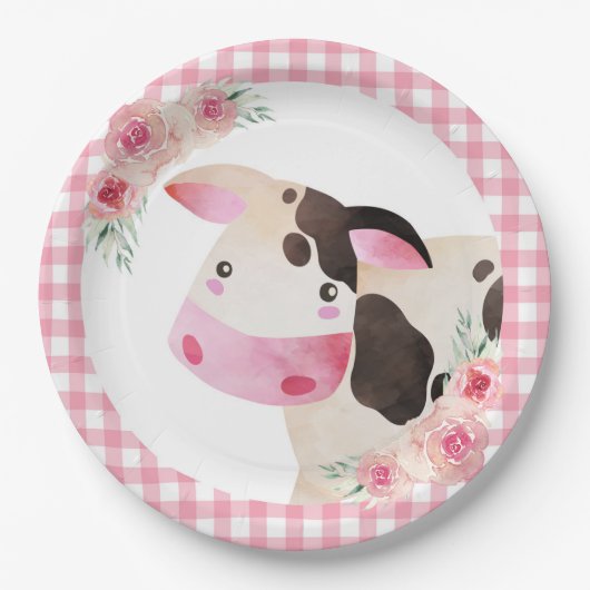 ピンクジンガムフローラ牛ファーム動物 ペーパープレート (正面)