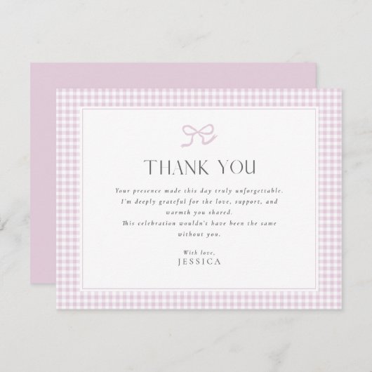 ピンクジンガムボウベビーシャワーサンキューカード 招待状 (正面/裏面)