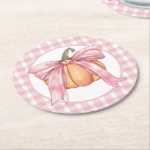 ピンクジンガムリボンパンプキンコケット弓 ラウンドペーパーコースター (アングル)
