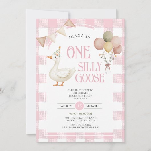 ピンクジンガムワンガチョウ間抜け誕生日バルーン 招待状 (正面)