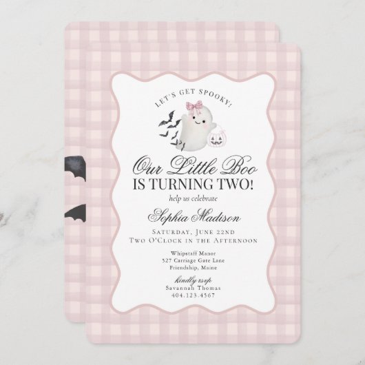 ピンクジンガム名門私立校風の幽霊リトルブー2nd誕生日 招待状 (正面/裏面)