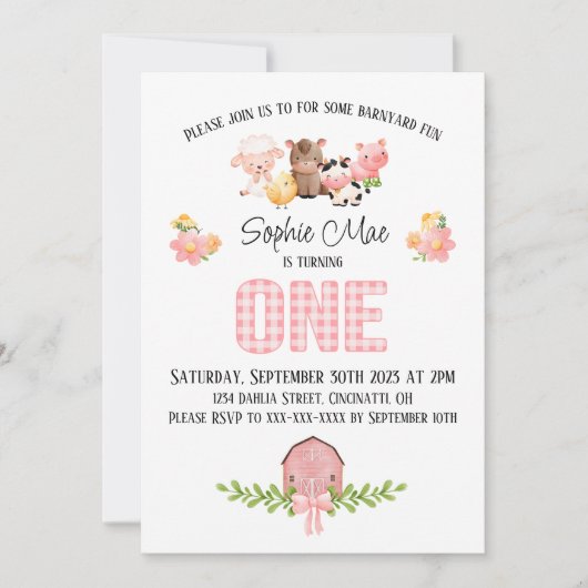 ピンクジンガム納屋周囲の庭ファースト誕生日招待状 招待状 (正面)