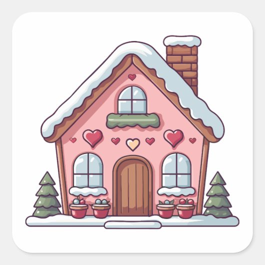 ピンクジンガーブレッドハウスとハート スクエアシール (正面)