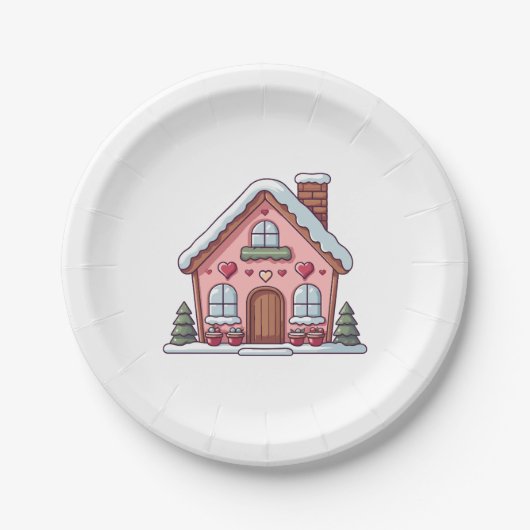 ピンクジンガーブレッドハウスとハート ペーパープレート (正面)