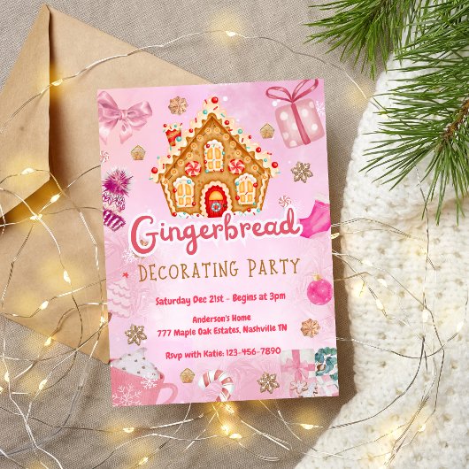 ピンクジンガーブレッド飾ハウスパーティの招待状 招待状