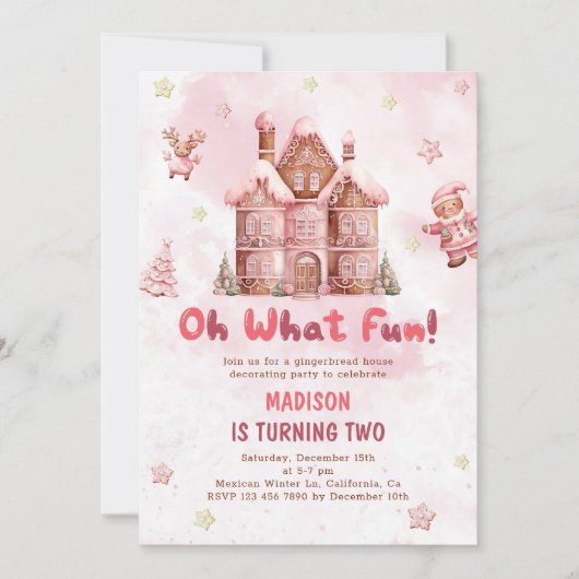 ピンクジンジャーブレッドハウスクリスマスセカンド誕生日 招待状 (正面)