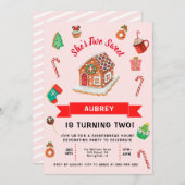 ピンクジンジャーブレッドハウスクリスマスセカンド誕生日 招待状 (正面/裏面)