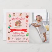 ピンクジンジャーブレッドハウスクリスマスセカンド誕生日 招待状 (正面)