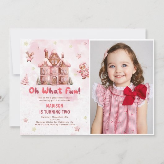 ピンクジンジャーブレッドハウスクリスマスセカンド誕生日 招待状 (正面)
