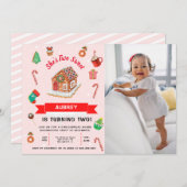 ピンクジンジャーブレッドハウスクリスマスセカンド誕生日I 招待状 (正面/裏面)