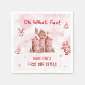 ピンクジンジャーブレッドハウスクリスマスファースト誕生日 スタンダードカクテルナプキン (正面)