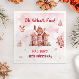 ピンクジンジャーブレッドハウスクリスマスファースト誕生日 スタンダードカクテルナプキン