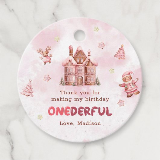 ピンクジンジャーブレッドハウスクリスマスファースト誕生日 フェイバータグ (正面)