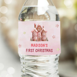 ピンクジンジャーブレッドハウスクリスマスファースト誕生日 ペットボトルラベル