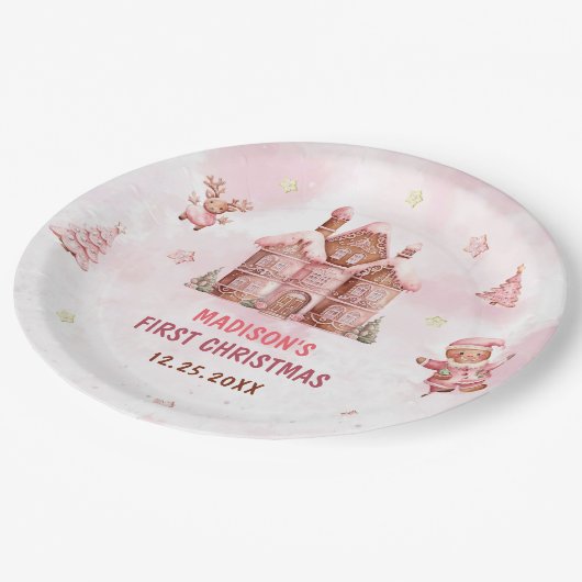 ピンクジンジャーブレッドハウスクリスマスファースト誕生日 ペーパープレート (アングル)
