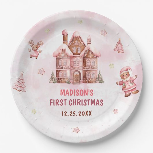 ピンクジンジャーブレッドハウスクリスマスファースト誕生日 ペーパープレート (正面)