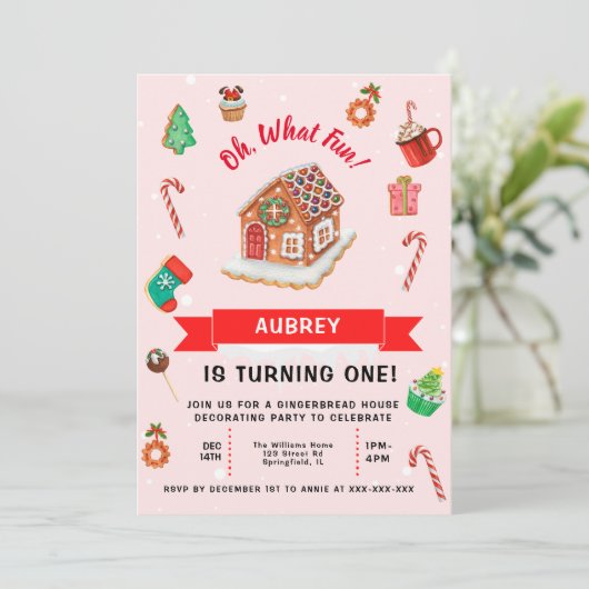 ピンクジンジャーブレッドハウスクリスマスファースト誕生日 招待状 (スタンド正面)