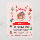 ピンクジンジャーブレッドハウスクリスマスファースト誕生日 招待状 (正面/裏面)