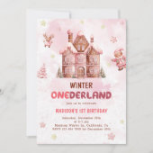 ピンクジンジャーブレッドハウスクリスマスファースト誕生日 招待状 (正面)