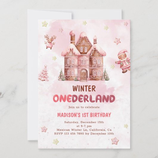 ピンクジンジャーブレッドハウスクリスマスファースト誕生日 招待状 (正面)