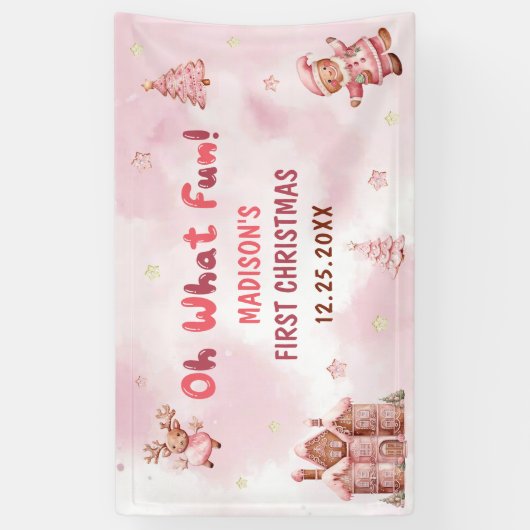 ピンクジンジャーブレッドハウスクリスマスファースト誕生日 横断幕 (縦)