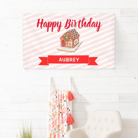 ピンクジンジャーブレッドハウスクリスマスファースト誕生日 横断幕 (インサイチュ)