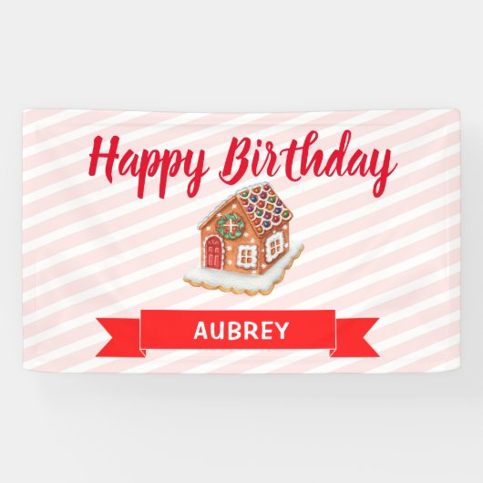 ピンクジンジャーブレッドハウスクリスマスファースト誕生日 横断幕 (横)
