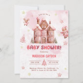 ピンクジンジャーブレッドハウスクリスマスベビーシャワー 招待状 (正面)