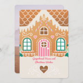 ピンクジンジャーブレッドハウスフォトクリスマスカード 招待状 (正面/裏面)