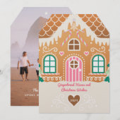 ピンクジンジャーブレッドハウスフォトクリスマスカード 招待状 (正面/裏面)