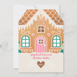 ピンクジンジャーブレッドハウスフォトクリスマスカード 招待状