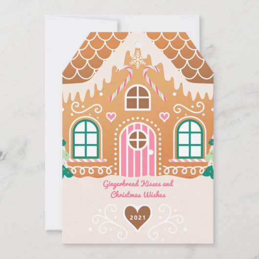 ピンクジンジャーブレッドハウスフォトクリスマスカード 招待状 (正面)