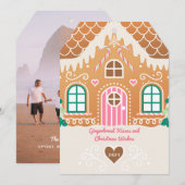 ピンクジンジャーブレッドハウスフォトクリスマスカード 招待状 (正面/裏面)