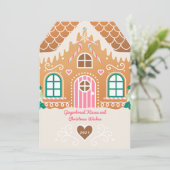 ピンクジンジャーブレッドハウスフォトクリスマスカード 招待状 (スタンド正面)
