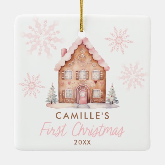 ピンクジンジャーブレッドハウス1stクリスマスフォトセラミック セラミックオーナメント (裏面)
