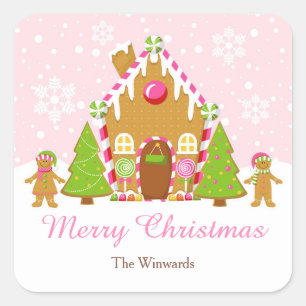 ピンクジンジャーブレッド飾ハウスのクリスマスパーティー スクエアシール