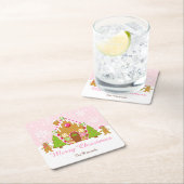 ピンクジンジャーブレッド飾ハウスのクリスマスパーティー スクエアペーパーコースター (インサイチュ)