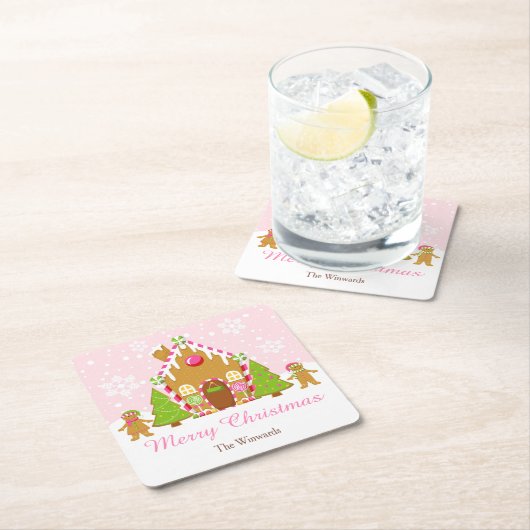 ピンクジンジャーブレッド飾ハウスのクリスマスパーティー スクエアペーパーコースター (インサイチュ)