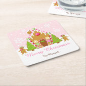 ピンクジンジャーブレッド飾ハウスのクリスマスパーティー スクエアペーパーコースター (アングル)
