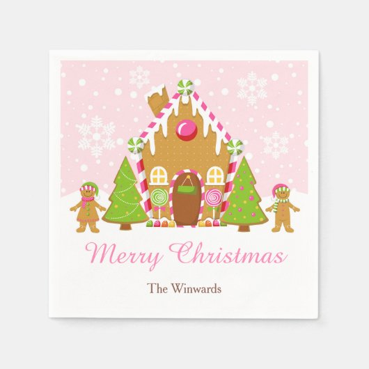 ピンクジンジャーブレッド飾ハウスのクリスマスパーティー スタンダードカクテルナプキン (正面)