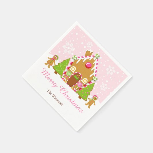 ピンクジンジャーブレッド飾ハウスのクリスマスパーティー スタンダードカクテルナプキン (角)