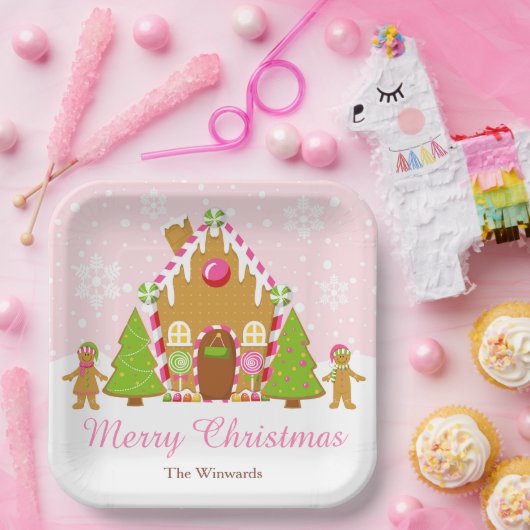 ピンクジンジャーブレッド飾ハウスのクリスマスパーティー ペーパープレート (パーティー)