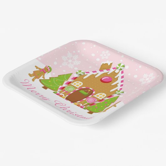 ピンクジンジャーブレッド飾ハウスのクリスマスパーティー ペーパープレート (傾斜あり)