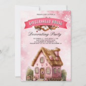 ピンクジンジャーブレッド飾ハウスのパーティークリスマス 招待状 (正面)