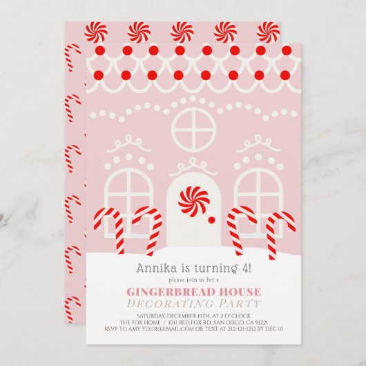 ピンクジンジャーブレッ飾ドハウスの誕生日パーティーI 招待状 (正面/裏面)