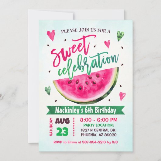 ピンクスイカ誕生日パーティースイーツお祝い 招待状 (正面)