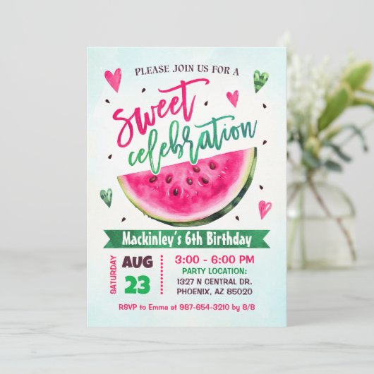 ピンクスイカ誕生日パーティースイーツお祝い 招待状 (スタンド正面)